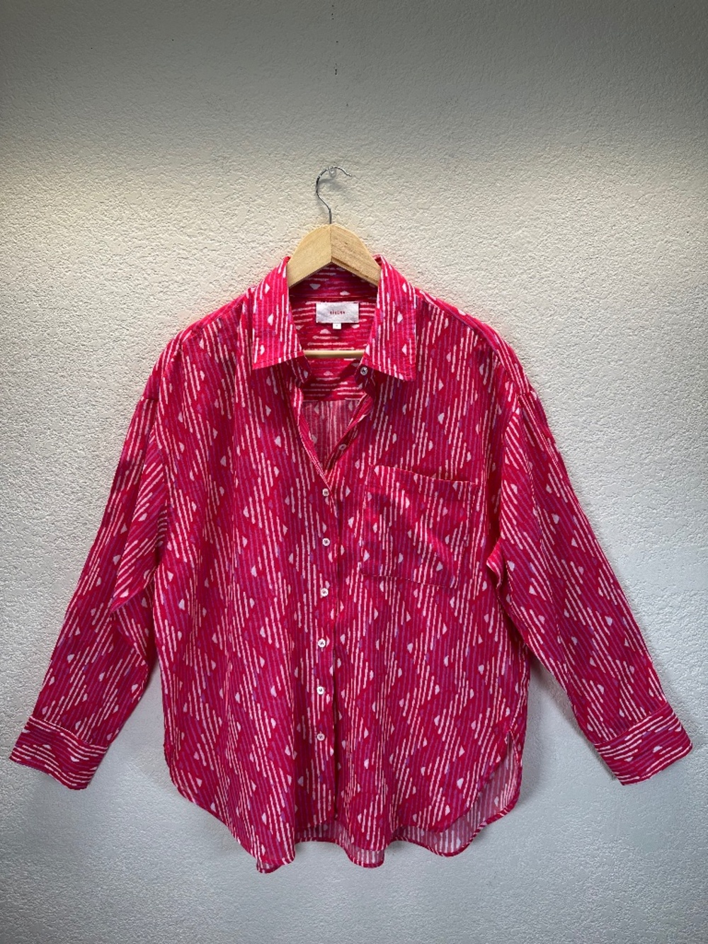 XIRENA Abstract Ikat Stripes Button Up Shirt Semi Sheer Cotton Small Quiet Luxe